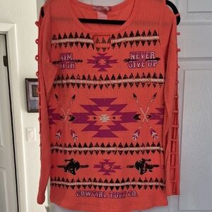 Cowgirl Tuff Co. Orange Graphic Slit Long Sleeve Top , Large